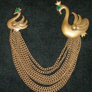 Royal Swan Chatelaine Brass Brooch 1950's 1960's Vintage Sweater Guard Shoulder